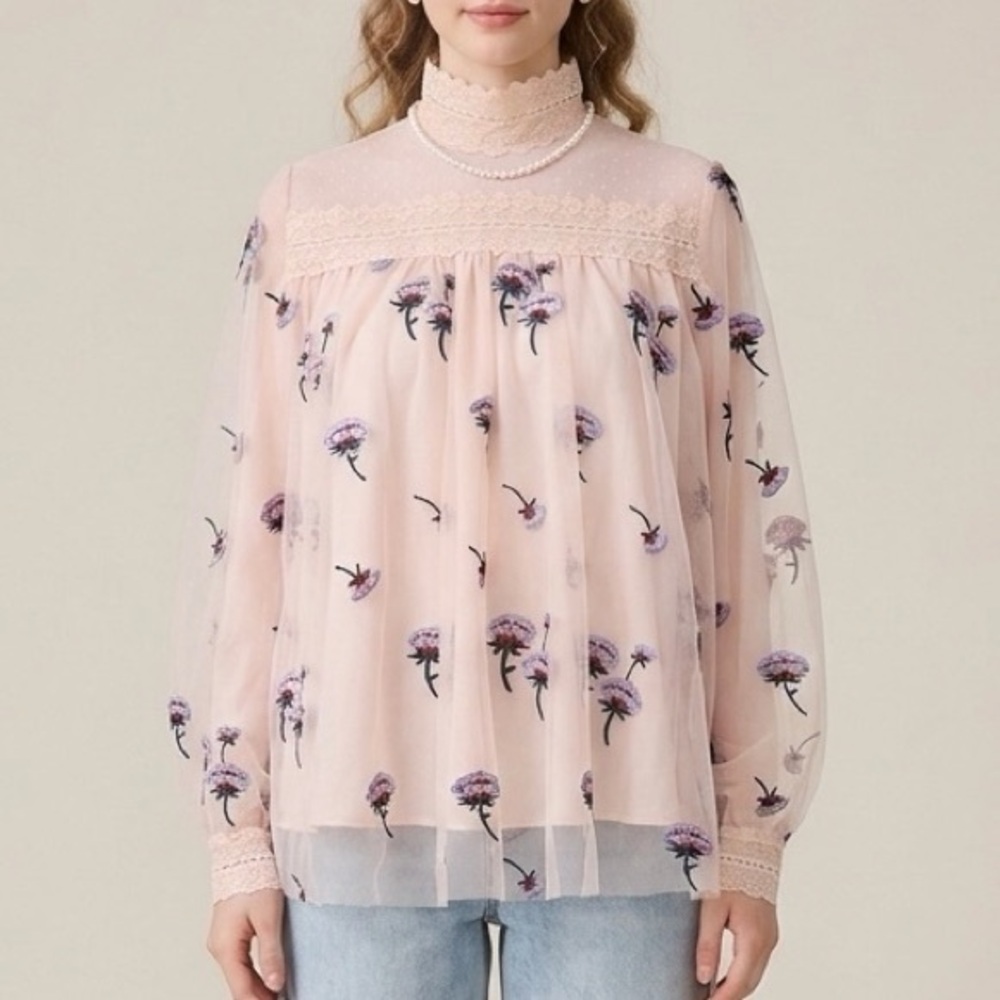 SISTER JANE Pink Embroidered Floral Tulle Blouse